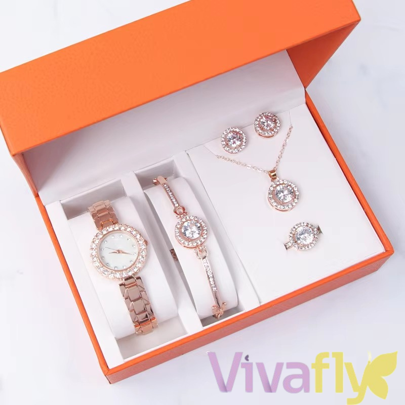 Relógio de Luxo Feminino + 5 BRINDES: Colar, 1 Par de Brincos, Anel e Pulseira